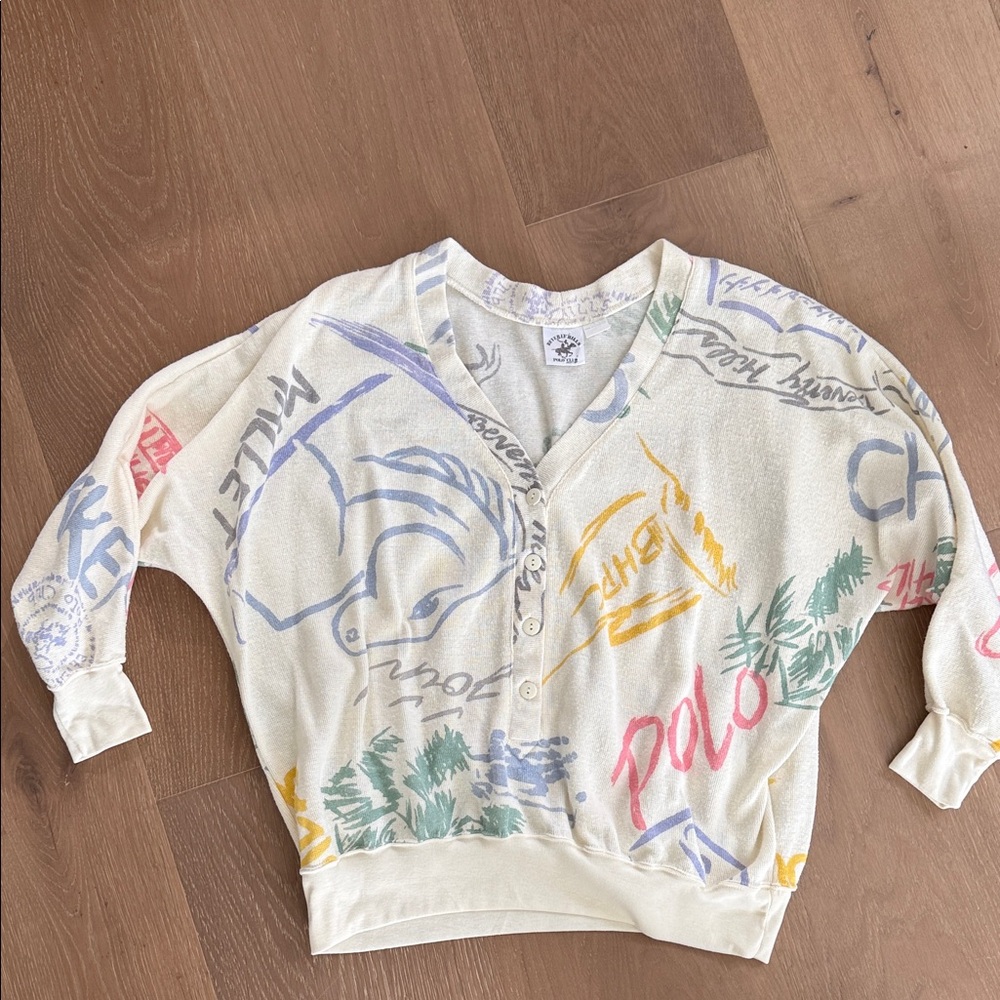 Beverly Hills Polo Club Women's Graphic V-Neck Sweater Vintage